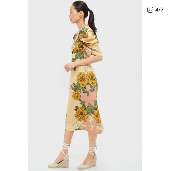 ✅ Farm Rio Linen Floral Arabesque Puff Sleeve Midi Dress – XSmall - Picture 4 of 16